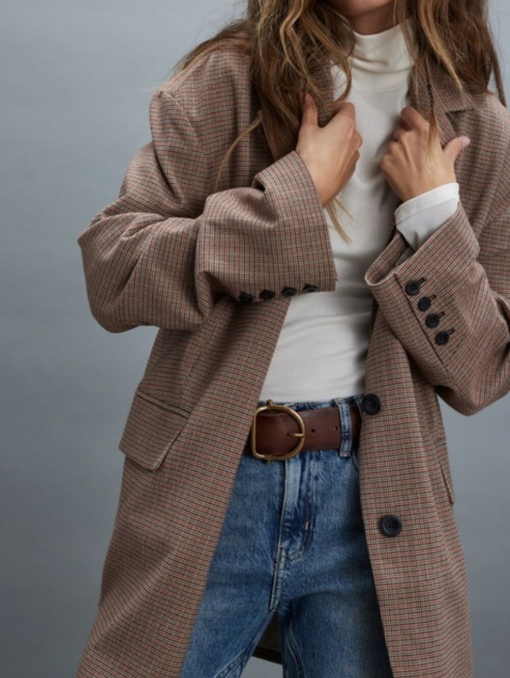 Free People Reggie Oversized Boyfriend Houndstooth Brown Tan Blazer Jacket Small